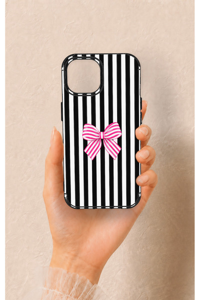 Vip Case iPhone 15 Uyumlu Pembe Beyaz Kurdele Desenli Silikon Kılıf