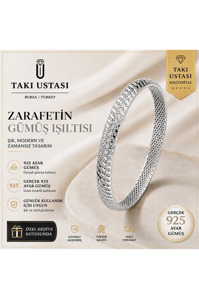 TAKI USTASI 925 Ayar Gümüş Ajda Bilezik Kadın Gümüş Bileklik Zarif Şık Modern...
