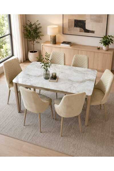 TrentonGCC Marble Dining Table Set with 6 Premium Velvet Chairs – 150 x 90 cm...