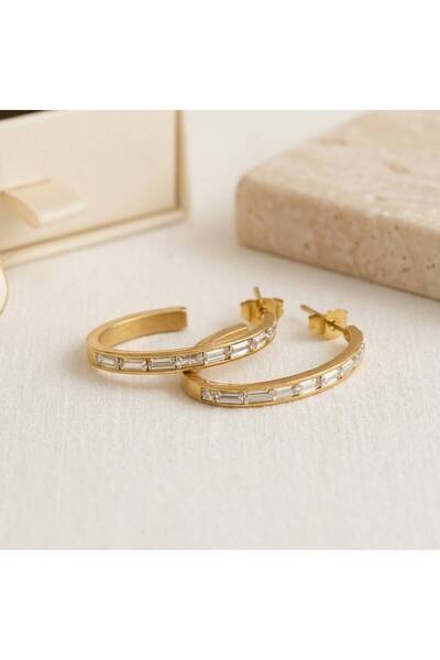 Archhazel Jewelery Gold Baguette Stone Steel Hoop Earrings