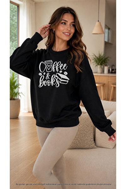 caddekombin Women's Coffee & Books Printed Hooded Kangaroo Pocket Cotton Casu...