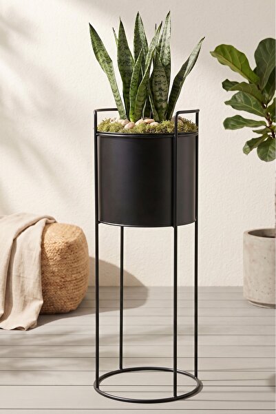 Desen Dekorasyon Ayaklı Metal Silindir Çiçek ve Saksı Standı 80 cm - Siyah Bü...
