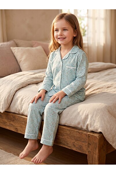 Moumou Kids Kız Çocuk Mavi Gömlek Yakalı Düğmeli Çiçekli Uzun Pijama Takımı
