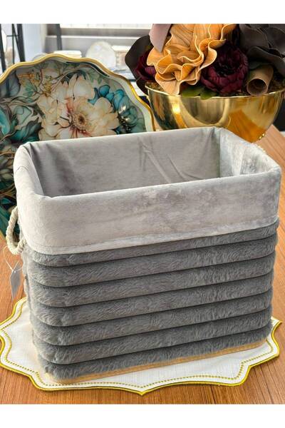 MD MİMOZA DEKOR Anthracite Wicker Basket with Velvet Bag - Multi-Purpose Flow...