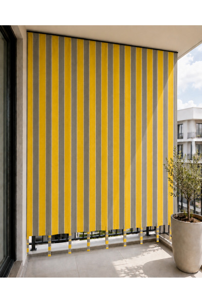 SHY TEKSTİL Sarı Gri Kornişli Su Geçirmez Balkon Perdesi Bağcıklı, Güneş ve R...