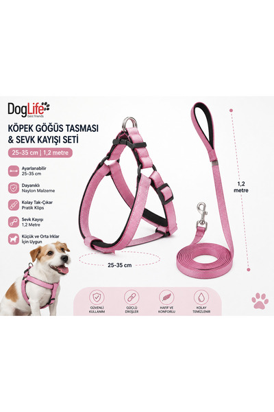 Baron Pet Köpek Göğüs Tasması ve Sevk Kayışı Seti 25-35 cm Reflektörlü 1,2 Me...