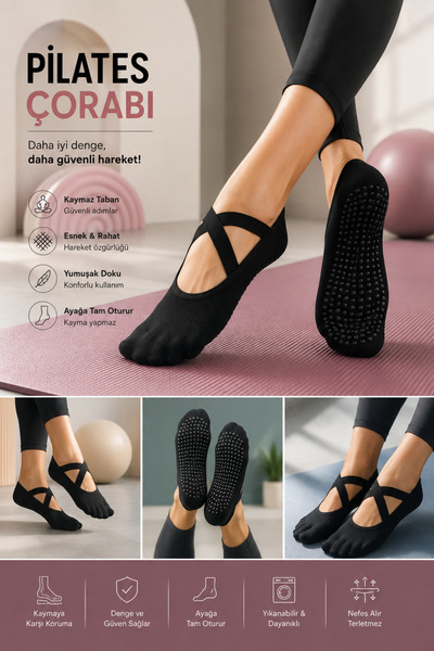 Kadın Pilates Çorabı 2 Çift Kaydırmaz Silikon Tabanlı Yoga Fitness Çorabı Siyah 36-39