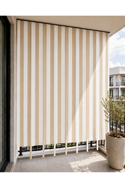SHY TEKSTİL Bej Krem Kornişli Su Geçirmez Balkon Perdesi Bağcıklı, Güneş ve R...
