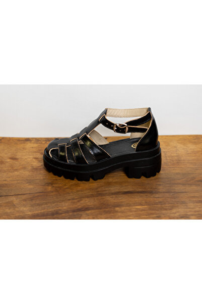 Atelierul de Pantofi Sandale Negre Mate din Piele cu Model Închis tip Cage