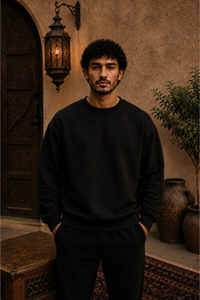ZAVIXO Oversize 3 İplik Sweatshirt Etnik Kilim Desenli Büyük Sırt Baskılı Bisiklet Yaka Streetwear Sweat