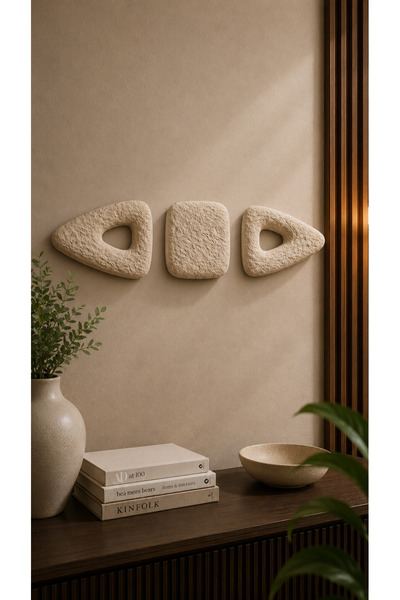Muyika Design Duvar Tablosu 3'lü Set Bej Krem 3D Rölyef Tablo Modern Salon Duvar Dekoru MUYİKA- Kare 2 Üçgen Krem