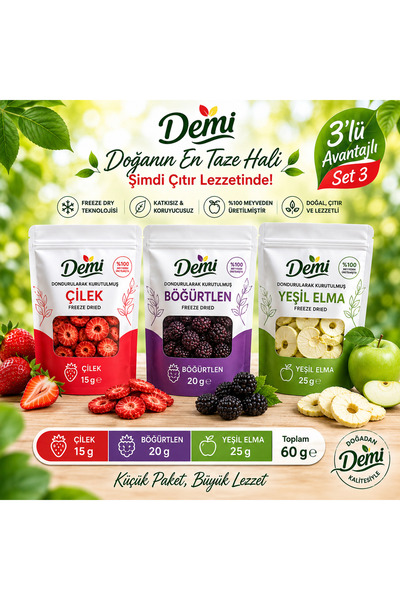 Dondurularak Kurutulmuş Meyve 3'lü Set 3 (Çilek 15g, Böğürtlen 20g, Yeşil Elma 25g)