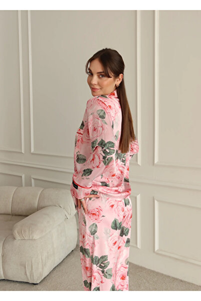 Brand Of Zaz Rose Fleur Saten Uzun Kollu Pijama Takımı