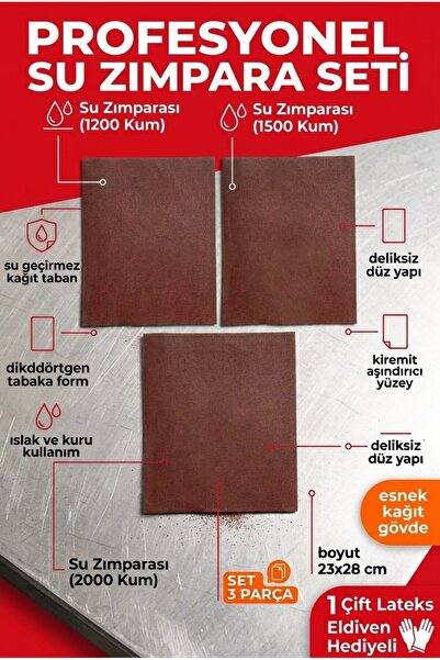 23x28 cm Su Zımparası Seti 1200 1500 2000 Kum 3 Parça Islak Kuru İnce Polisaj Zımparası + Eldiven
