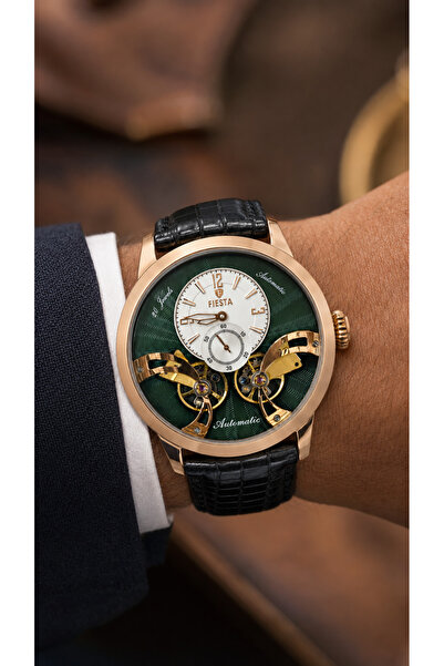 Fiesta Men's Automatic 40 Jewels Double Balance Black Leather Cord Wristwatch...
