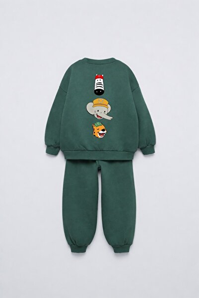 Magu Children's Cotton Friends Printed Green School Sweatshirt and Sweatpants Set
