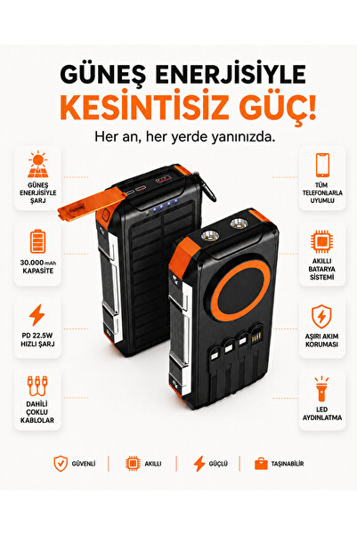 kawigo 30.000 mAh Solar Powerbank 22.5W Hızlı Şarj Dahili Kablolu Çift LED Ta...