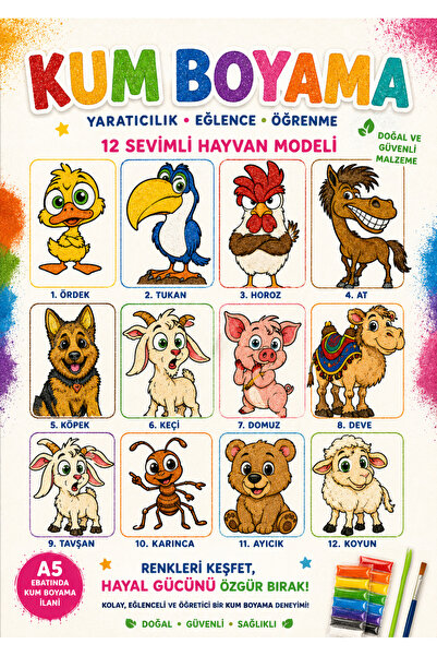 TOTTERİQ A5 Kum Boyama Seti 12 Farklı Hayvan Modeli Çocuk Eğitici Yaratıcı Et...