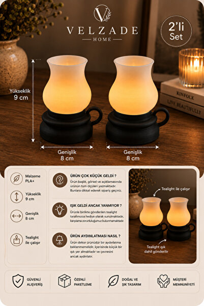 Velzade Home Dekoratif Tea Light Mumluk Seti 2'li – Masa Üstü Dekoratif Işıkl...