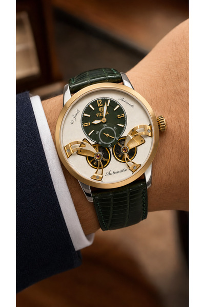 Fiesta Men's Automatic 40 Jewels Double Balance Green Leather Cord Wristwatch...