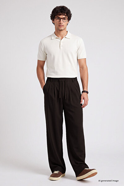 TOMMY LIFE Smeđe plisirane tkane palazzo muške pantalone - 82201