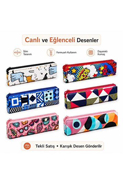 Adel Corner Slim Kalem Çantası Tek Gözlü Fermuarlı Kalemlik Karışık Desen Oku...