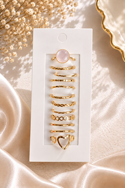 Lilith Takı 11-Piece Gold Multi-Ring Set – Trendy Combination Rings with Hear...
