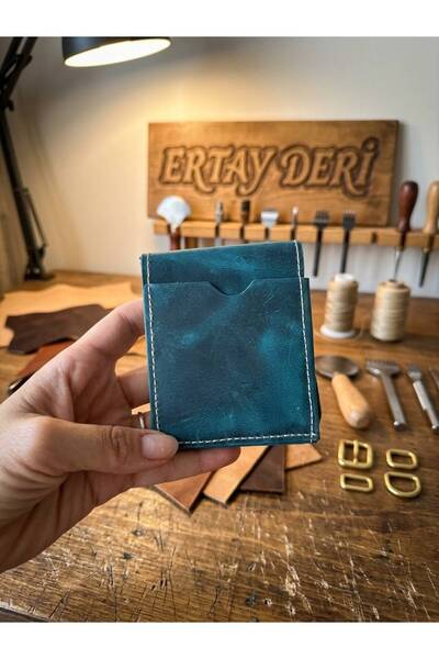 Ertay Deri 100% Genuine Leather Handmade Blue Viral Multi-Section Wallet & Ca...