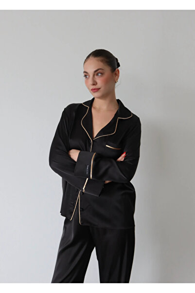 Brand Of Zaz Siyah Gold Biyeli Saten Uzun Kollu Pijama Takımı