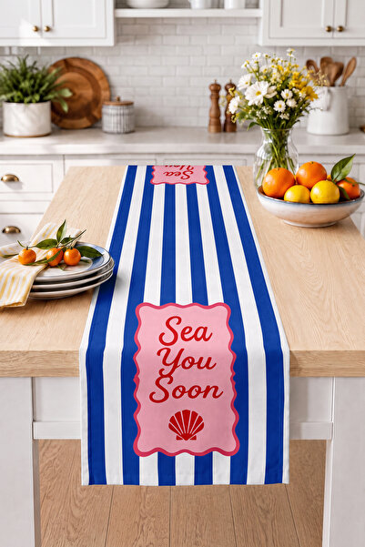 Home Sea You Soon Yazılı Deniz Kabuklu ve Çizgili Dijital Baskılı Dekoratif M...