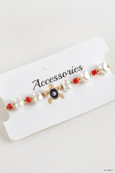 ZERO LAND Concepta Turtle Bead Pearl Macrame Rope (12846) Bracelet Red