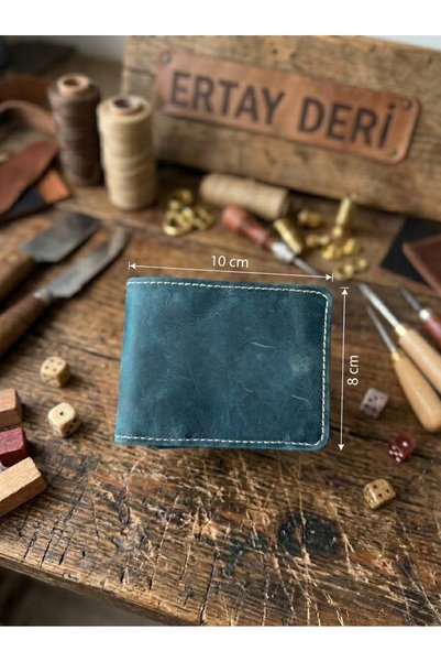Ertay Deri 100% Genuine Leather Handmade Blue Viral Multi-Section Wallet & Card Holder