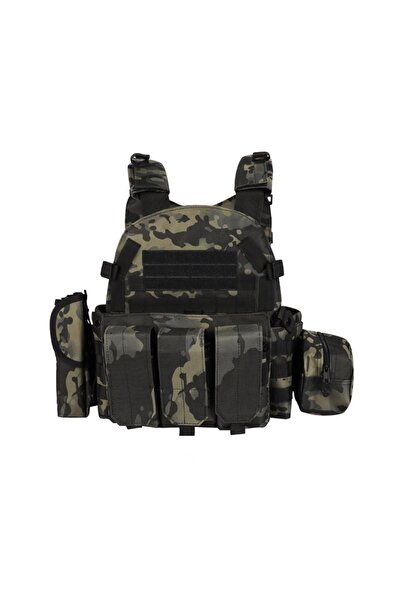 ITIMPORT Vestă tactică militară 600D, cu genți și borsete MOLLE, Negru Camuflaj