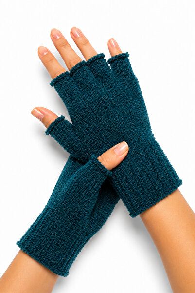 Mevo Unisex Cut-Off Half-Toe Petrol Green Colored Knitwear Gloves