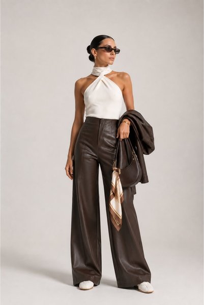 Grenj Fashion Pantaloni maro din imitație de piele, cu talie înaltă și cusături frontale, cu picior larg