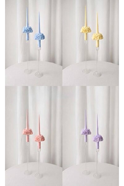 SCA CANDLE Dekoratif mum Şamdanlık Mum 4 Parça Lila renk Çiçek Desenli Alp Model
