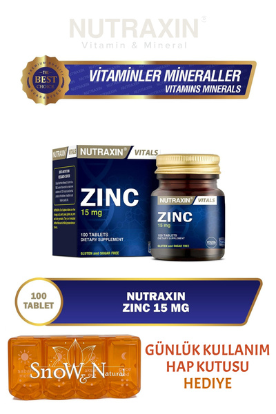 Nutraxin Zinc 15mg 100 Tablet (Çinko Sülfat) Takviye Edici Gıda + Hap Kutusu ...