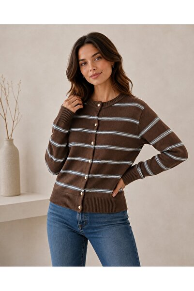 AlvaLuna Women's Striped Crew Neck Gold Buttoned Knitwear Cardigan