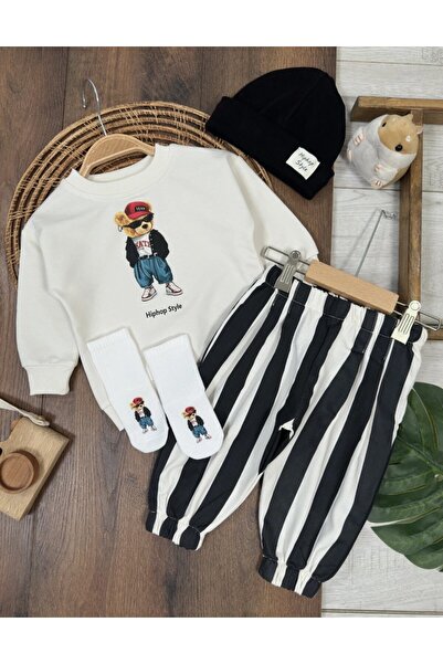 my petit panda Hiphop Style Hat, Teddy Bear Print Oversized Sweatshirt and St...