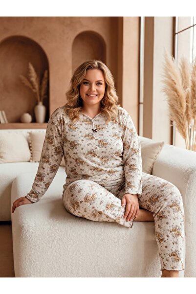 LİLA İÇ GİYİM Σετ πιτζάμας plus size - Μπεζ - Μακρύ