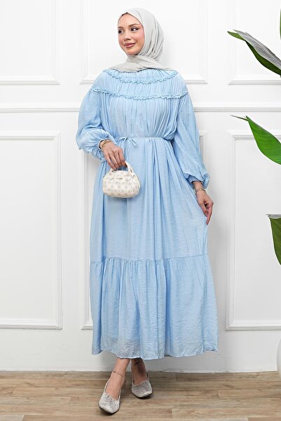 İmajButik Baby Blue Collared Ruffled Waist Tie Dress