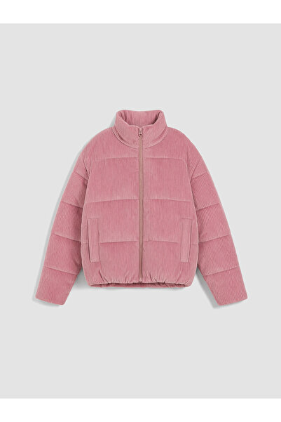 LC Waikiki Pink Stand Collar Velvet Girls' Puffer Coat