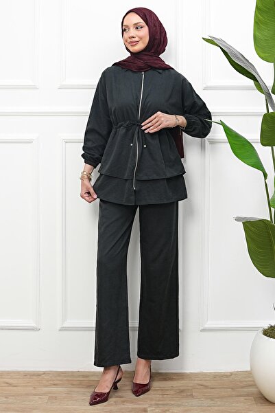 İmajButik Crna jakna sa zatvaračem i vezanjem u struku i set pantalona