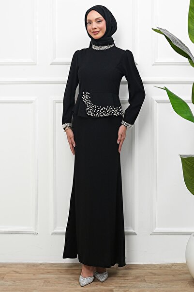 İmajButik Siyah Taş Detaylı Peplum Tasarım Abiye