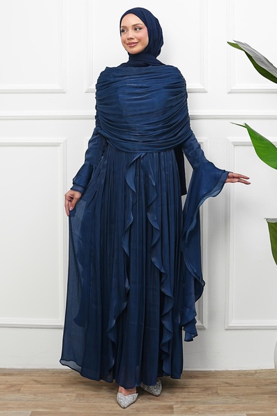 İmajButik Navy Blue Mobile Cape Ruffled Evening Dress