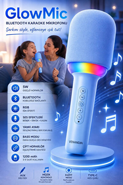 EXENAR Kablosuz Bluetooth Karaoke Mikrofonu 5W RGB Işıklı Taşınabilir Kablosu...