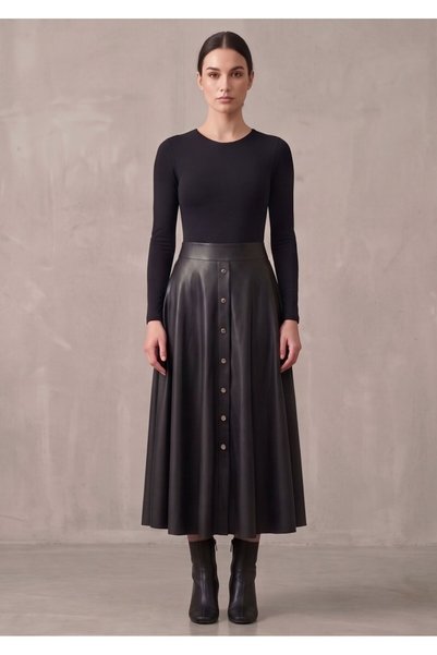 WAYS Women's Black High Waist Long Faux Leather Mevlana Skirt with Snap Detail on the Front
