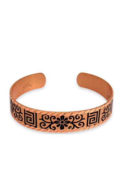 Erol Bakır Cream black flower and greek thin copper bracelet, adjustable