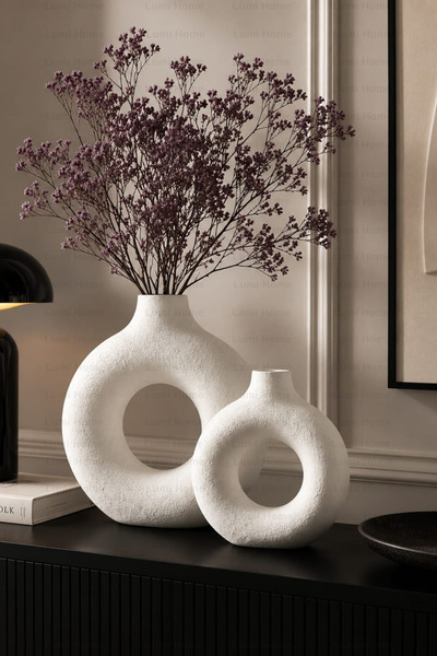 Lumi Home Dekoratif Dokulu Halka Vazo 2'li Set – İskandinav Stil Modern Vazo