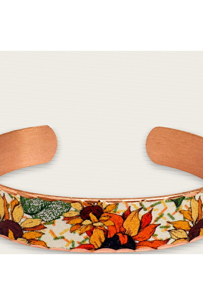 Erol Bakır White orange floral thin copper bracelet, adjustable
